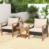 Wicker 2-Tier Side Table and Cushioned Armchairs