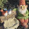 Tall Spring Garden Gnome with Welcome Sign, Birds and Birdbath
