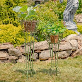 Set of 2 Tall Iron Basket Plant Stands (Color: Antique Green)