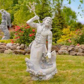 Merman Garden Statue Throwing Trident (Color: Gray)