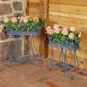 Set of 2 Elegant Iron Oval Basket Plant Stands "Odesa 1794" (Color: Blue)