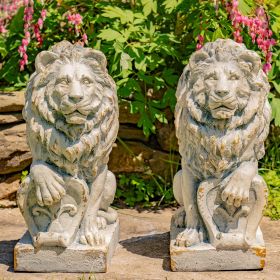 "Harold & Leo": Pair of Lion Sentry Statues with Fleur-De-Lis (Color: Antique Grey)