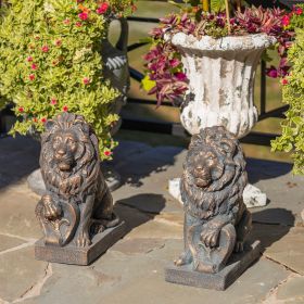 "Harold & Leo": Pair of Lion Sentry Statues with Fleur-De-Lis (Color: Antique Bronze)